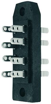Un interrupteur électrique noir et allongé avec plusieurs connexions métalliques, probablement utilisé pour des appareils électroniques.