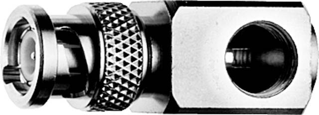 Un connecteur métallique en T avec une poignée cannelée et un raccord central, adapté aux connexions de câbles coaxiaux dans les appareils électroniques.