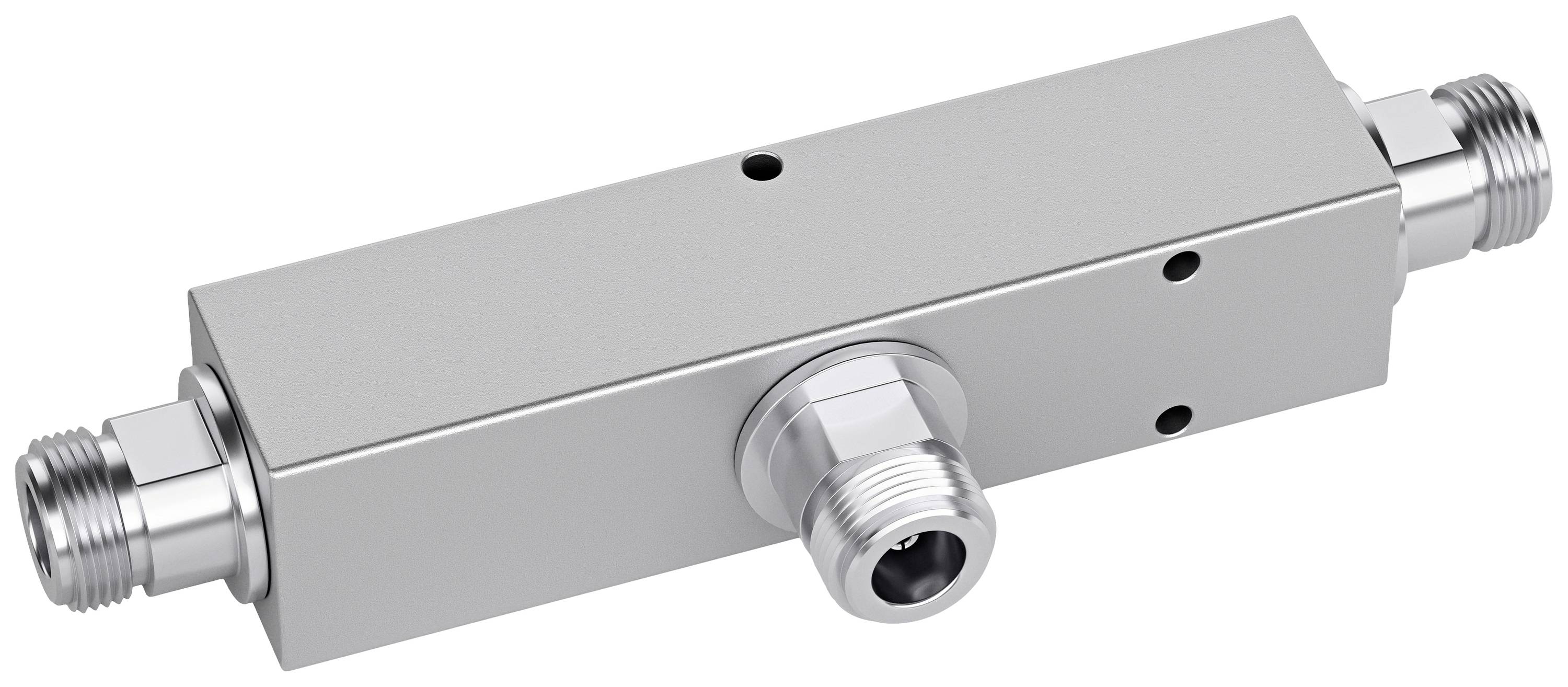 Connecteur en T métallique à trois raccords filetés, utilisé dans les systèmes de canalisations pour raccorder des tuyaux ou des flexibles.