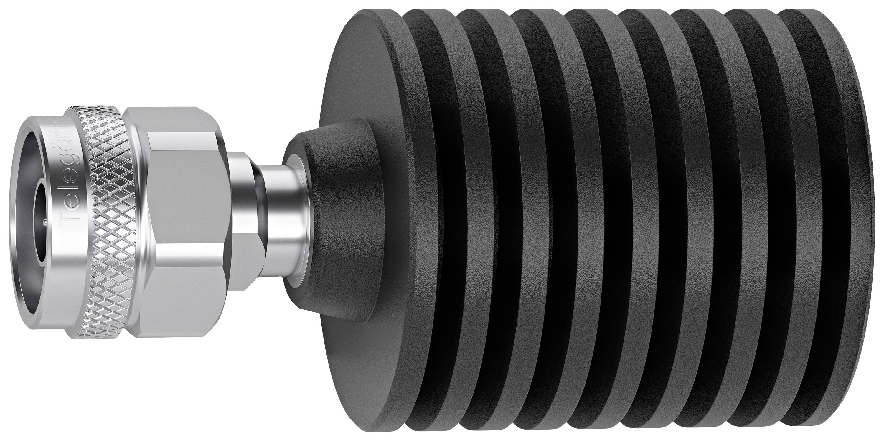 Un radiateur noir à nervures avec un raccord rainuré argenté. Le design est cylindrique et sert à dissiper la chaleur.