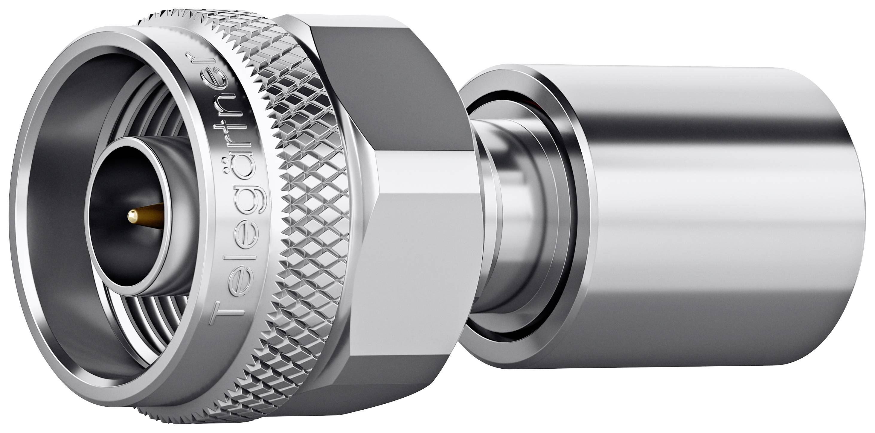 Un adaptateur en argent avec un écrou hexagonal cranté, gravé du nom de marque 'Telegärtner'.