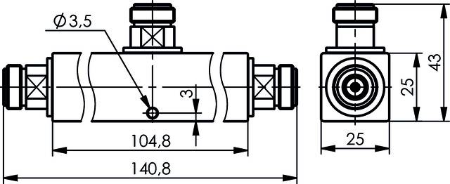 Dessin technique d'un cylindre avec dimensions : longueur 104,8 mm, longueur totale 140,8 mm, diamètre 3,5 mm, hauteur 43 mm.