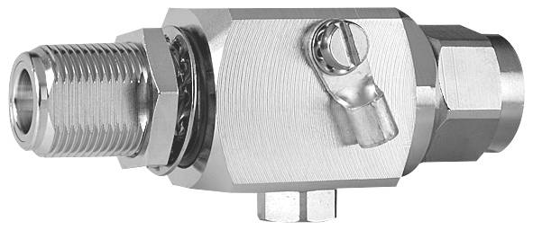 Un élément de connexion cylindrique en métal avec une vis sur le côté, probablement un composant d'un système hydraulique ou pneumatique.