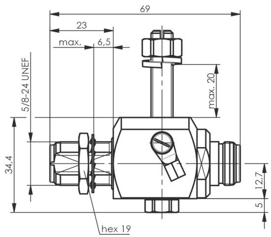 Dessin technique d'une vanne avec dimensions : longueur 69 mm, largeur 34,4 mm. Raccords et réglage de la vanne sont représentés.