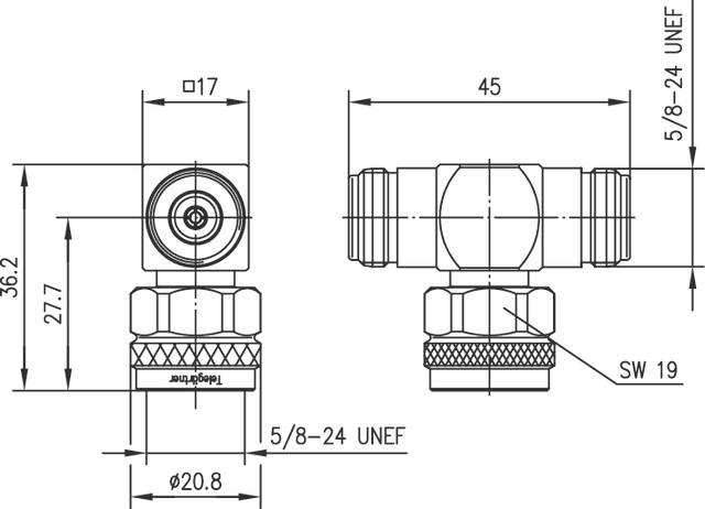 Dessin technique d'un connecteur métallique avec des raccordements latéraux, dimensions et spécifications de filetage ('5/8-24 UNEF', 'SW 19').