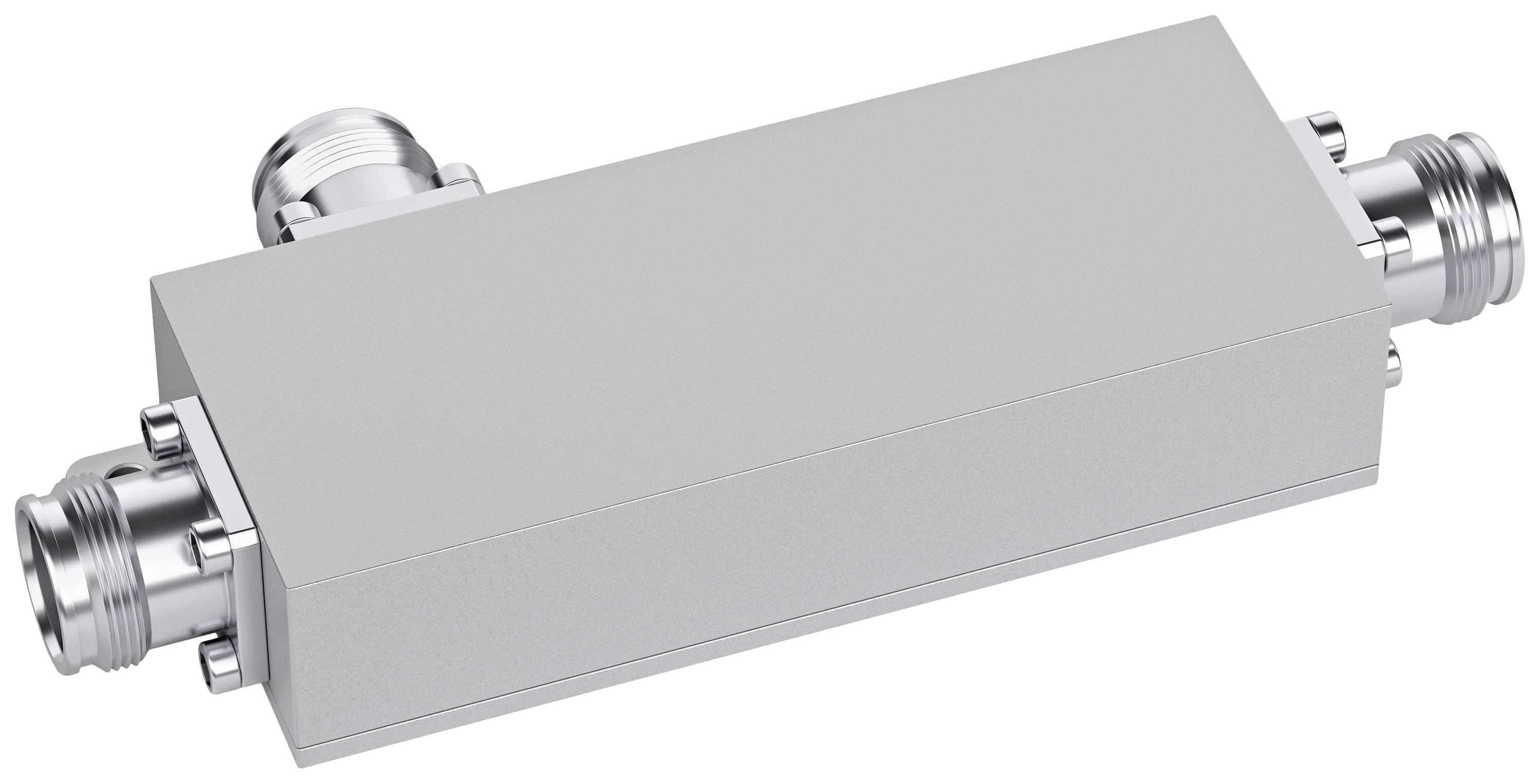 Coupleur hybride métallique à haute fréquence avec deux ports aux extrémités. Utilisé pour la distribution de signaux dans les systèmes de communication.