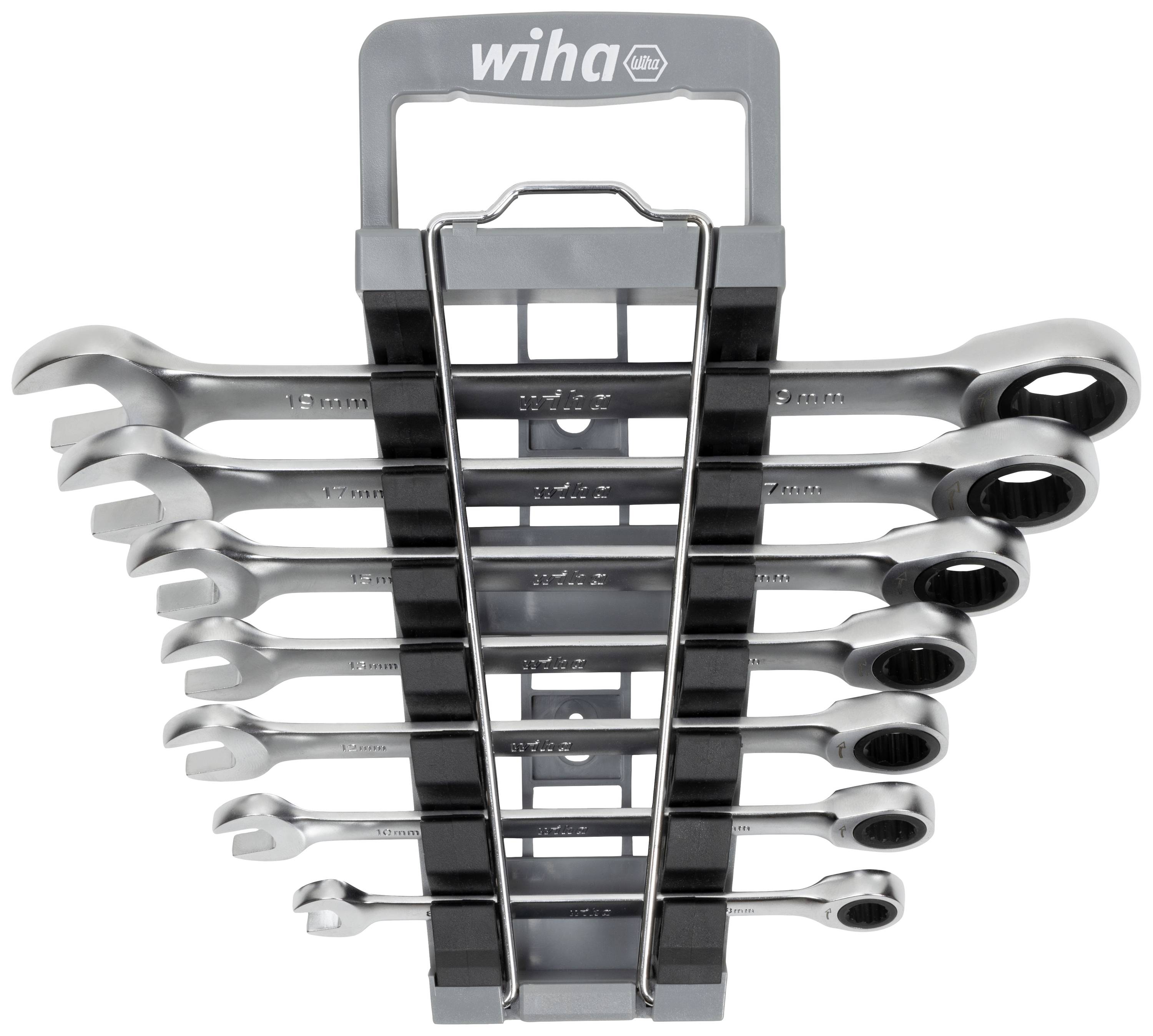 Ensemble de clés plates dans support, taille 8 à 19, marque 'Wiha', acier, présenté dans un agencement soigné pour un accès facile.