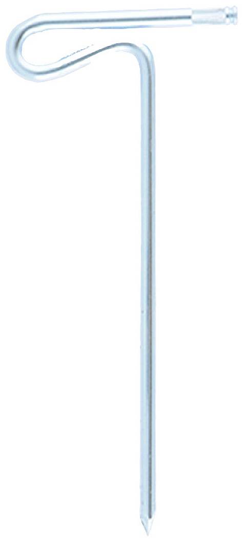 Un piquet de tente en argent avec une boucle courbée à son extrémité supérieure. Adapté pour fixer les cordages de tente dans le sol.