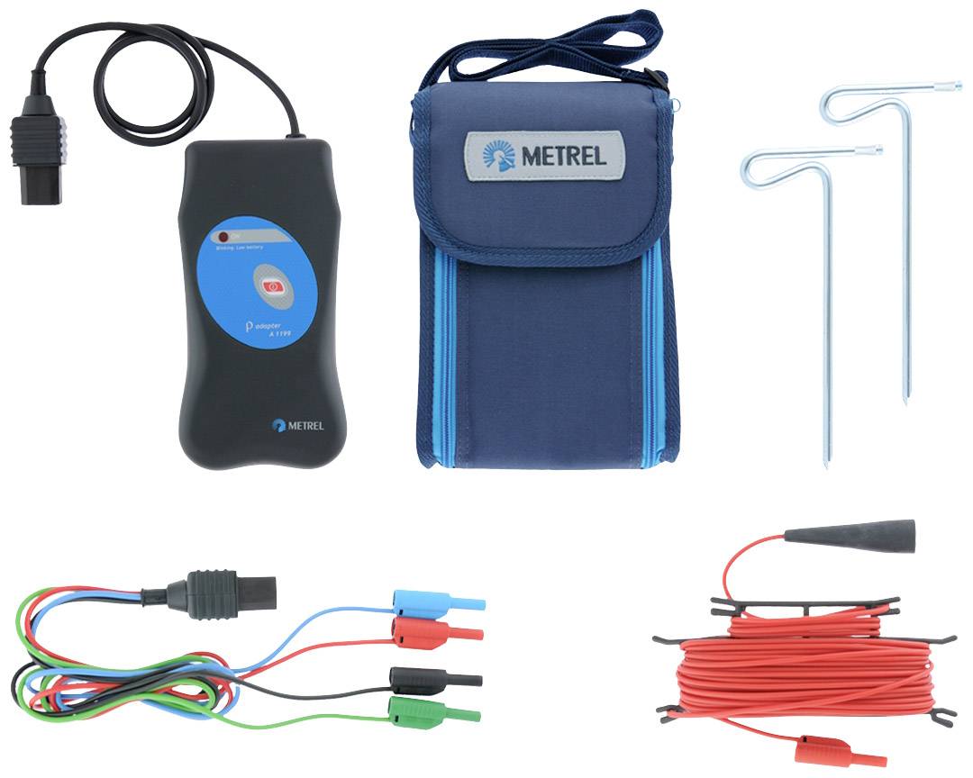 Un appareil de test Metrel avec accessoires : câbles de différentes couleurs, sondes de terre et un sac de transport bleu.