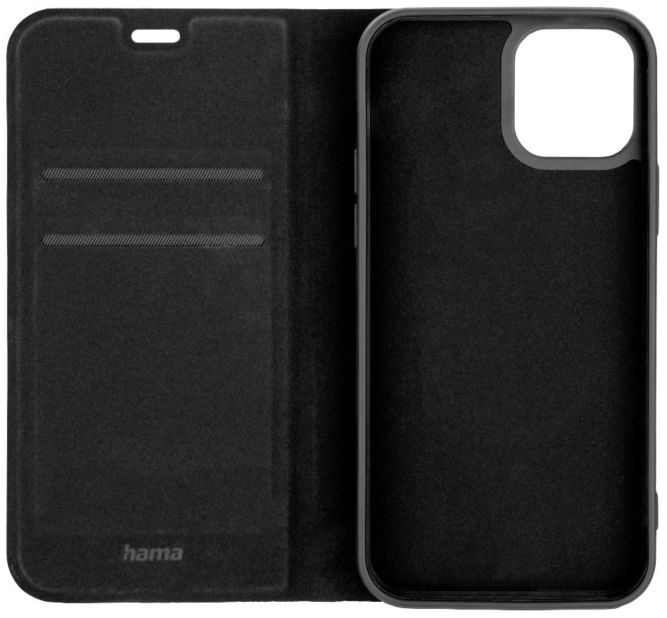 Étui de smartphone noir de Hama, rabattable avec des emplacements pour cartes à gauche et support pour l'appareil à droite.
