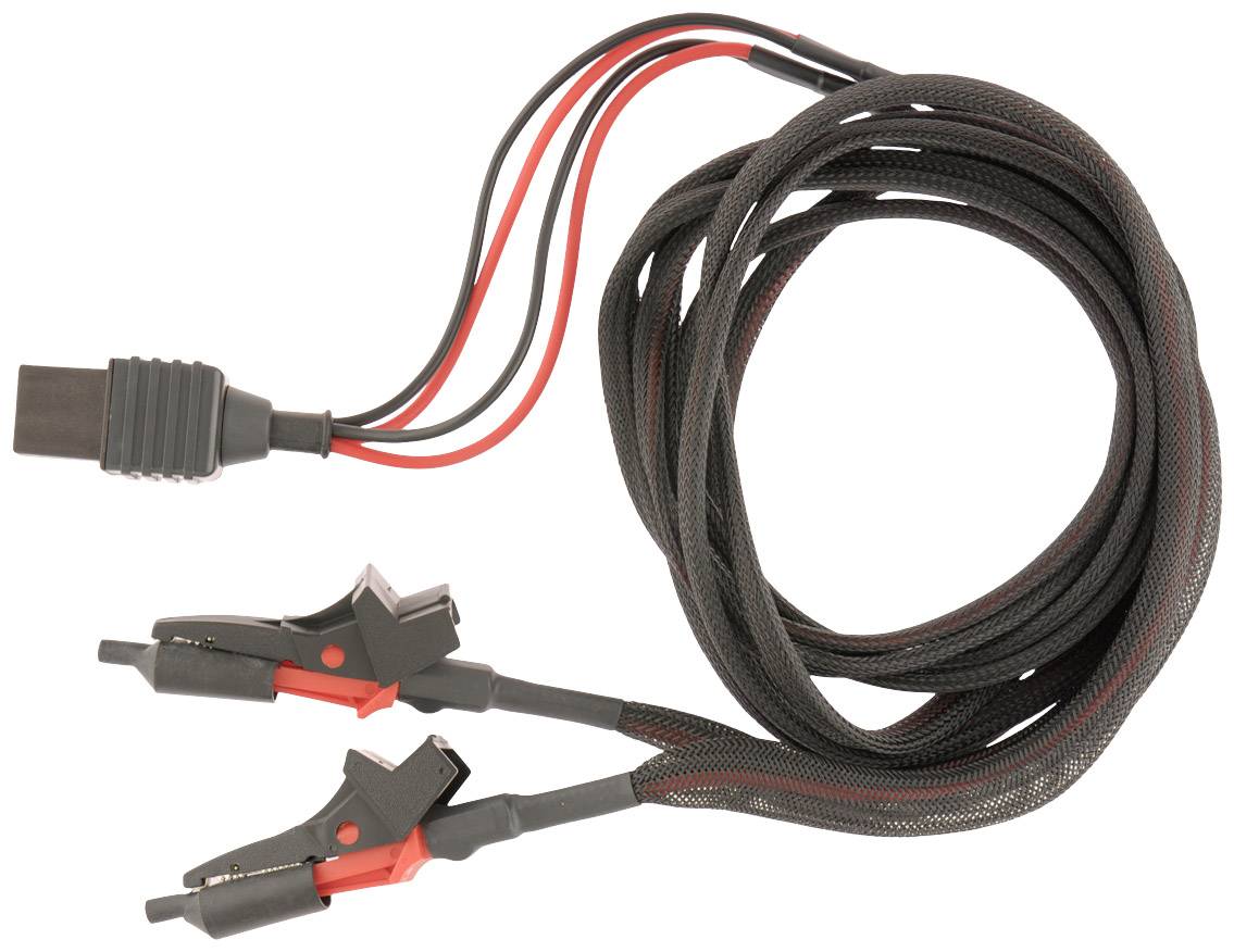 Câble de batterie noir et rouge avec deux bornes et un connecteur, utilisé pour charger ou alimenter des appareils.