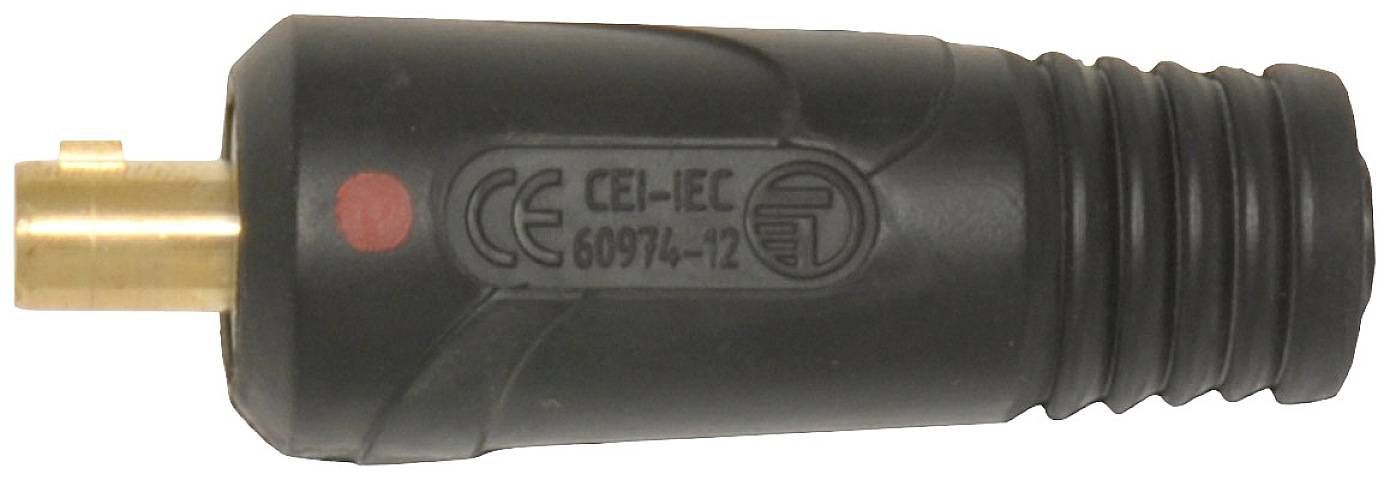 Fiche noire avec marquage CE et embout doré. Texte sur la fiche : 'CEI-IEC 60974-12'.