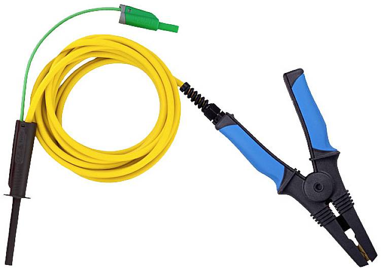 Un enrouleur de câble de rallonge jaune avec une fiche verte et un coupe-câble bleu.