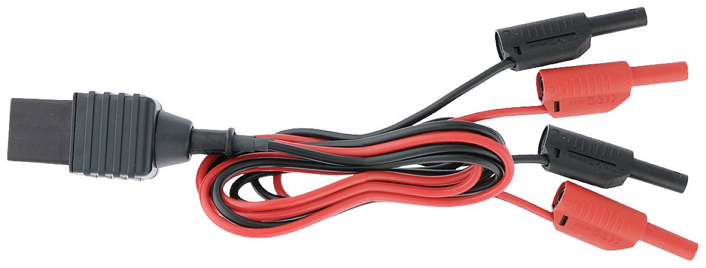 Câble OBD-II noir avec deux pinces crocodiles rouges et deux noires, utilisé pour diagnostiquer les problèmes de véhicules.