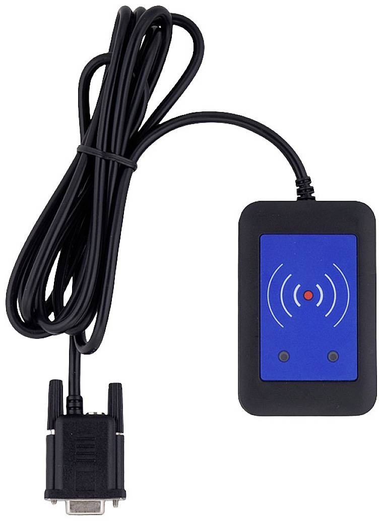Un lecteur RFID avec un câble noir et un avant noir bleu, affichant deux symboles de signaux sans fil et équipé d'un connecteur.