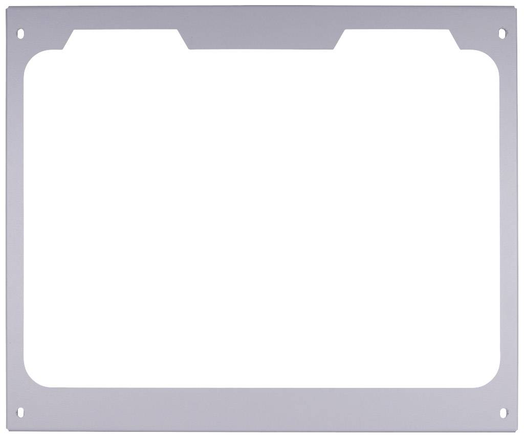 Un cadre rectangulaire en métal, vide, avec quatre trous de perçage dans les coins, probablement destiné à la fixation ou servant de support.