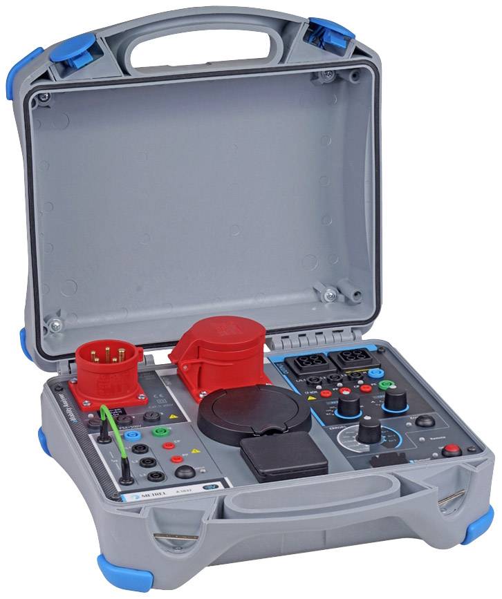 Un testeur électrique portable et ouvert, doté de divers dispositifs de mesure, boutons et connexions pour vérifier les appareils électriques.