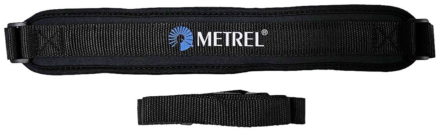 Courroie de transport noire avec inscription 'METREL' en lettres blanches. Adaptée aux appareils de mesure portables ou aux sacoche.