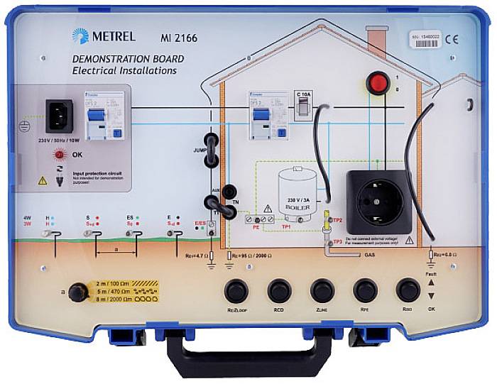 L'image montre un tableau de démonstration électrique pour des installations de Metrel. Il contient des interrupteurs, des prises de courant et des fusibles.