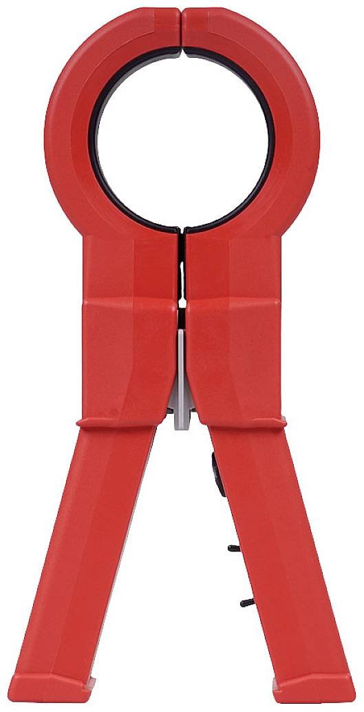 Pince-étau rouge en position verticale contre un fond blanc, représentée avec une bouche ouverte prête à saisir des objets.