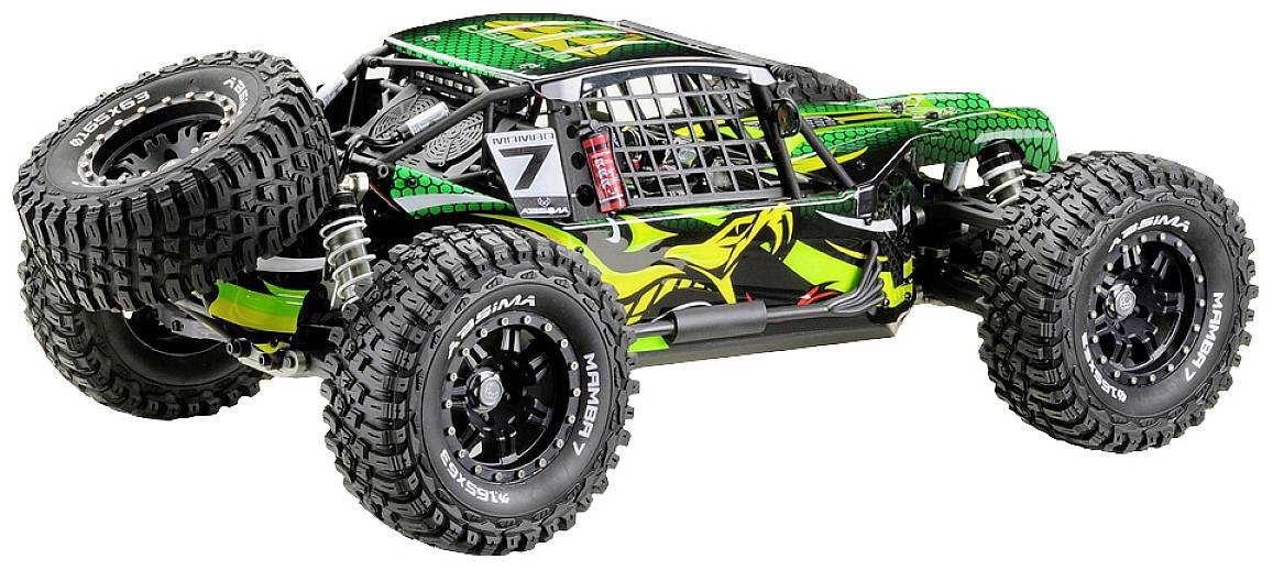 Une voiture télécommandée aux grandes roues robustes et au design vert et noir est posée sur une table, prête à rouler.