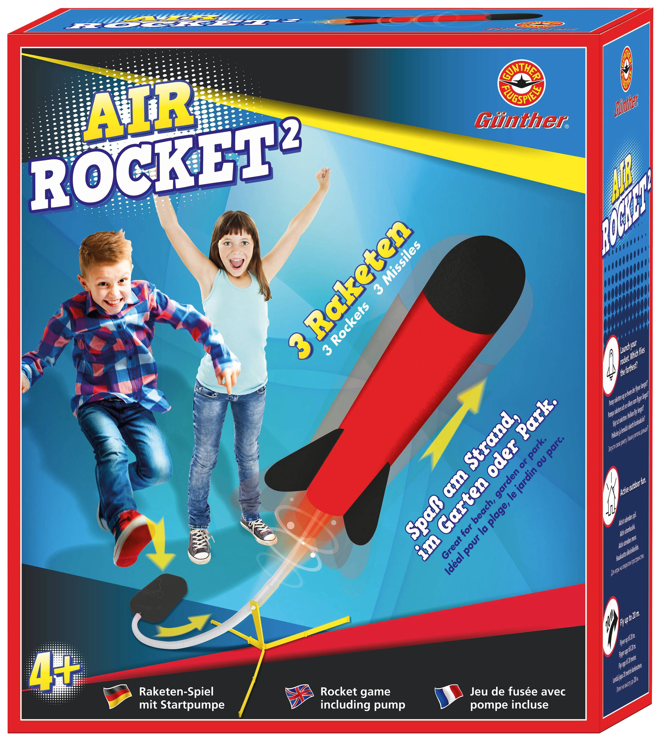 Emballage du jeu 'Air Rocket 2' pour enfants à partir de 4 ans. Contient trois fusées rouge et noir et une pompe de lancement. Promet du plaisir en plein air.