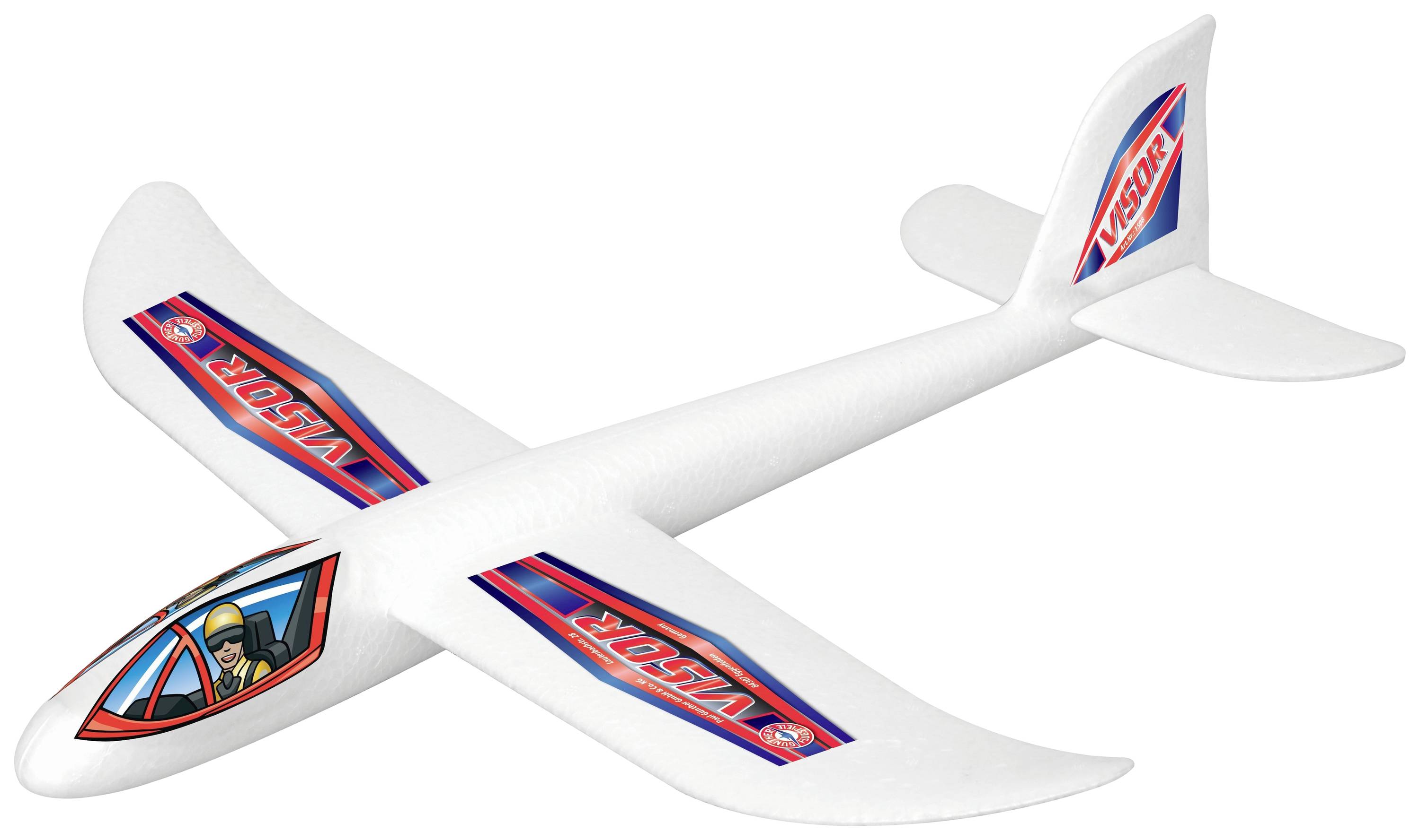 Un avion-modèle blanc en mousse avec des bandes rouges et bleues, portant le logo 'VISIOR' et montrant un pilote dans le cockpit.