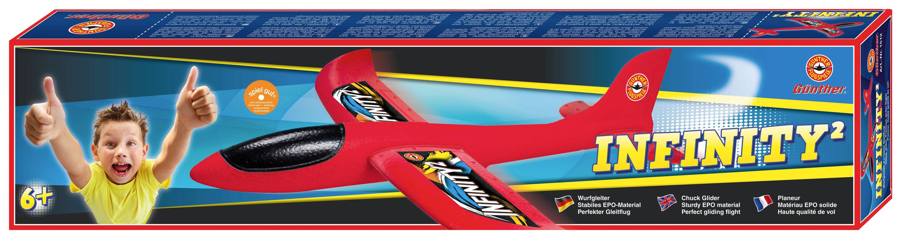 Emballage de jouet avec un planeur rouge nommé 'Infinity²' illustré dessus. Un enfant fait un pouce levé. Pour les enfants de 6 ans et plus.