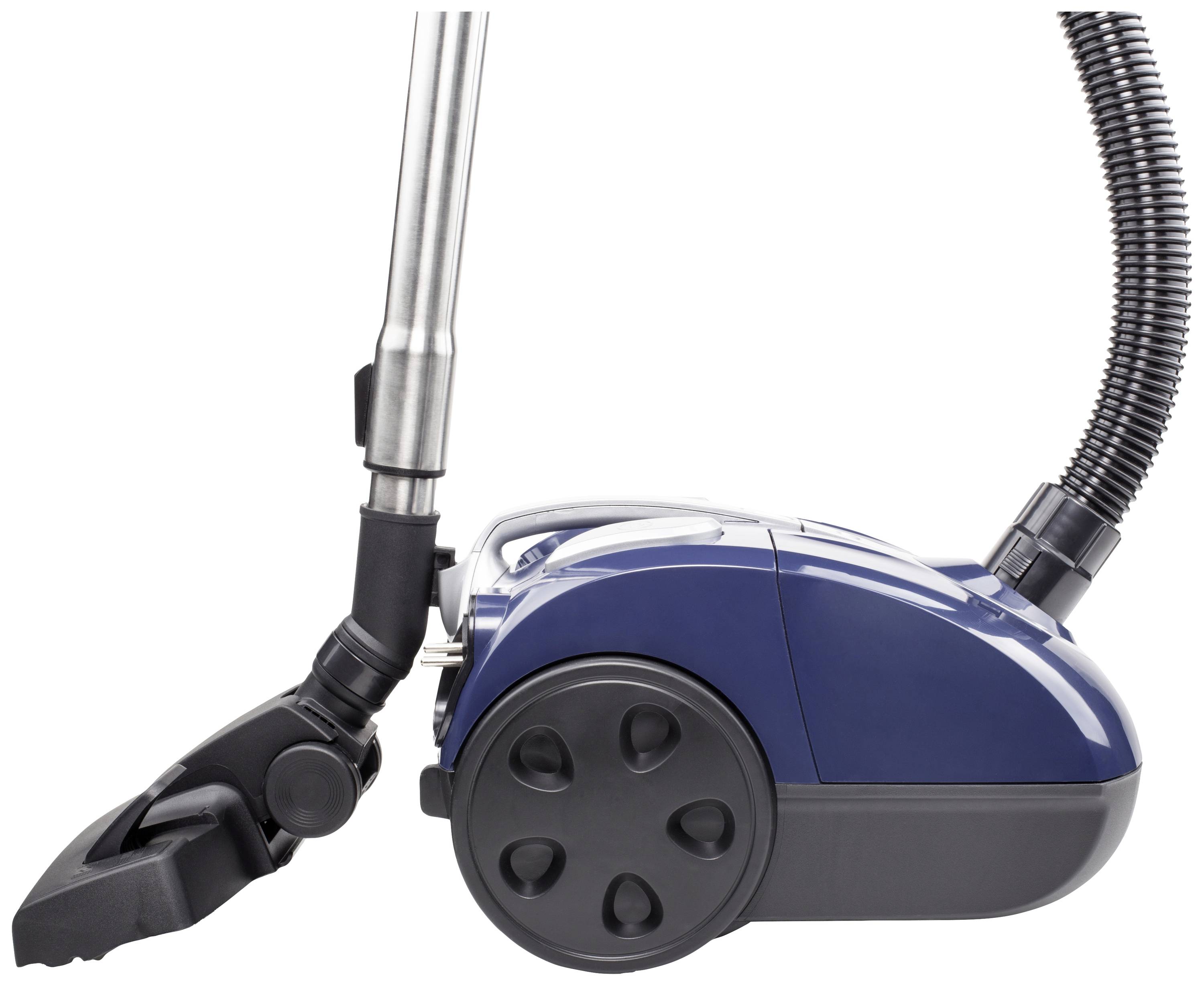 Un aspirateur bleu avec un tube argenté et un tuyau noir, debout sur un fond blanc.