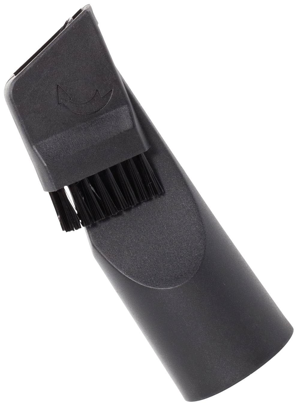 Un embout d'aspirateur noir avec brosse intégrée, adapté pour le nettoyage des zones étroites ou difficiles d'accès.