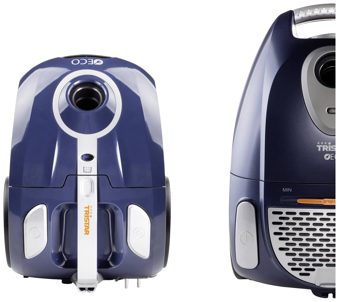 Un aspirateur bleu vertical de marque 'Tristar'. Vue de face à gauche, vue latérale avec commandes à droite.