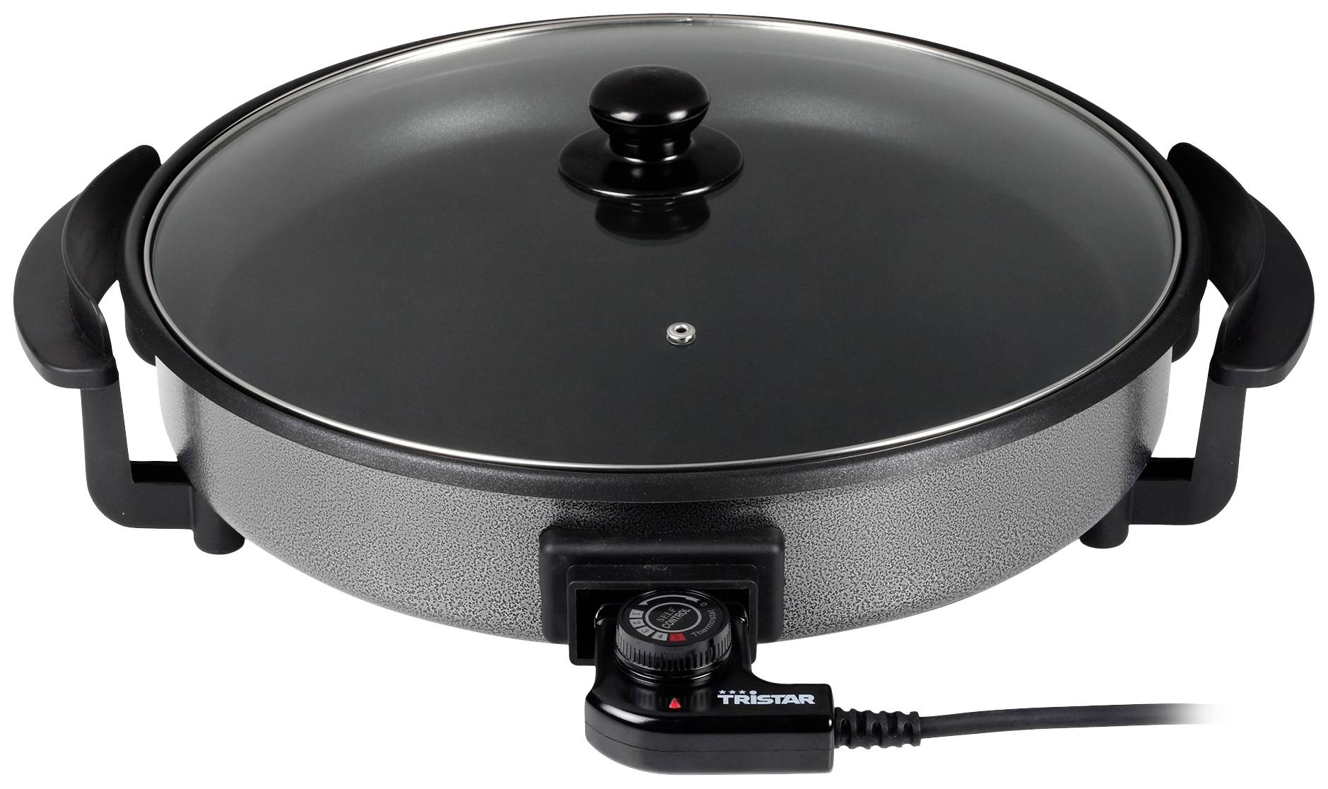 Poêle électrique avec couvercle, régulateur de température et poignées, adaptée à la cuisson et au sautage des aliments.