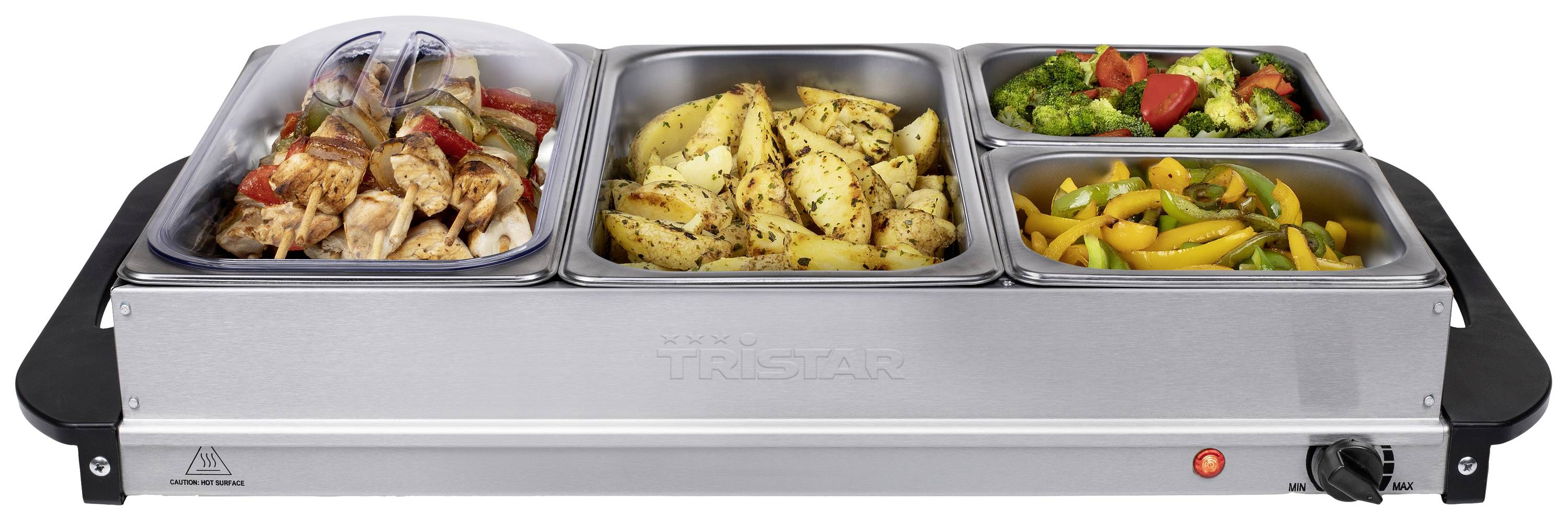 Appareil de maintien au chaud pour buffet en trois parties, avec récipients en acier inoxydable, remplis de légumes sautés, de poulet et de pommes de terre, posé sur un élément chauffant.