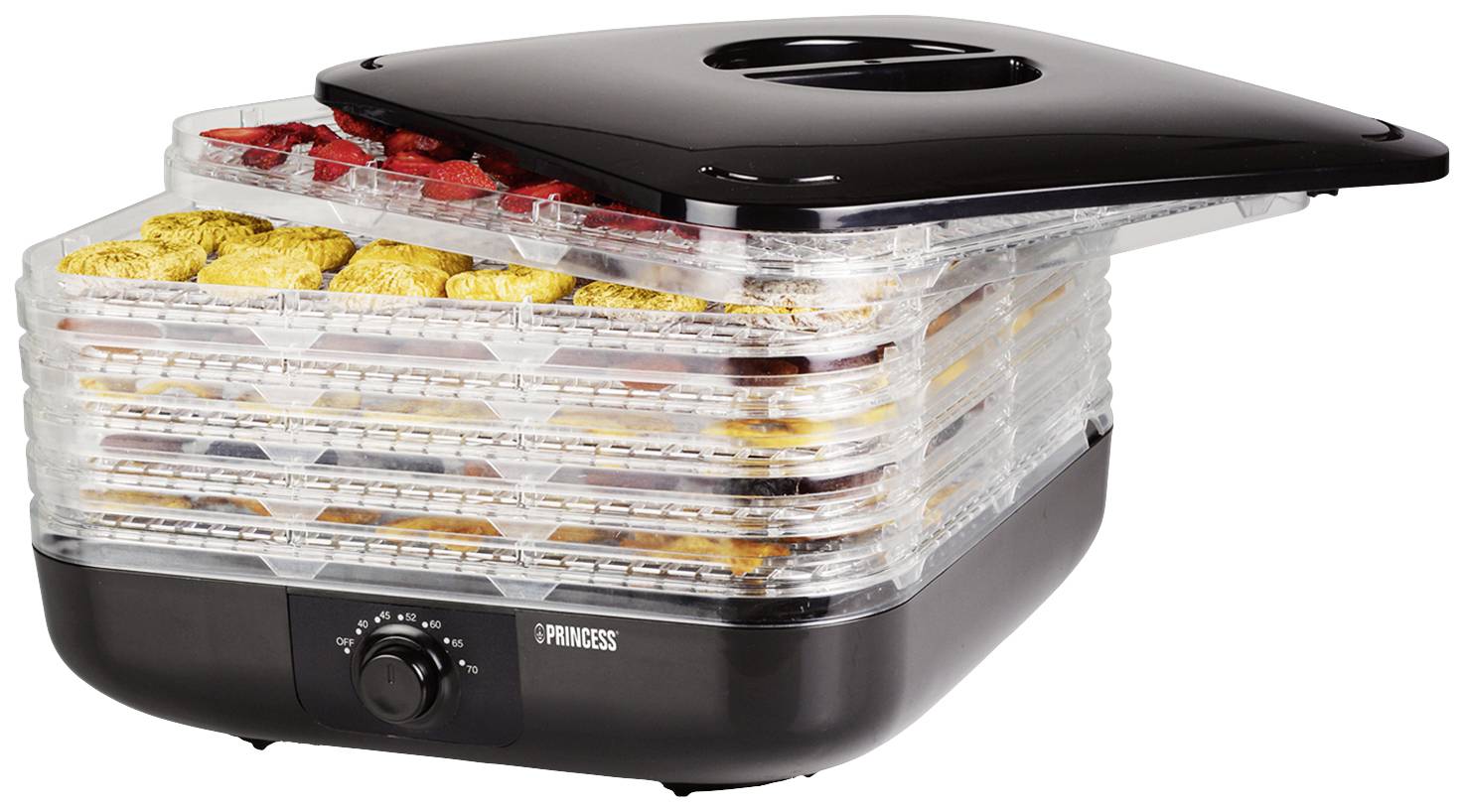 Un déshydrateur noir avec des plateaux transparents, remplis de divers aliments tels que des fraises et des biscuits.