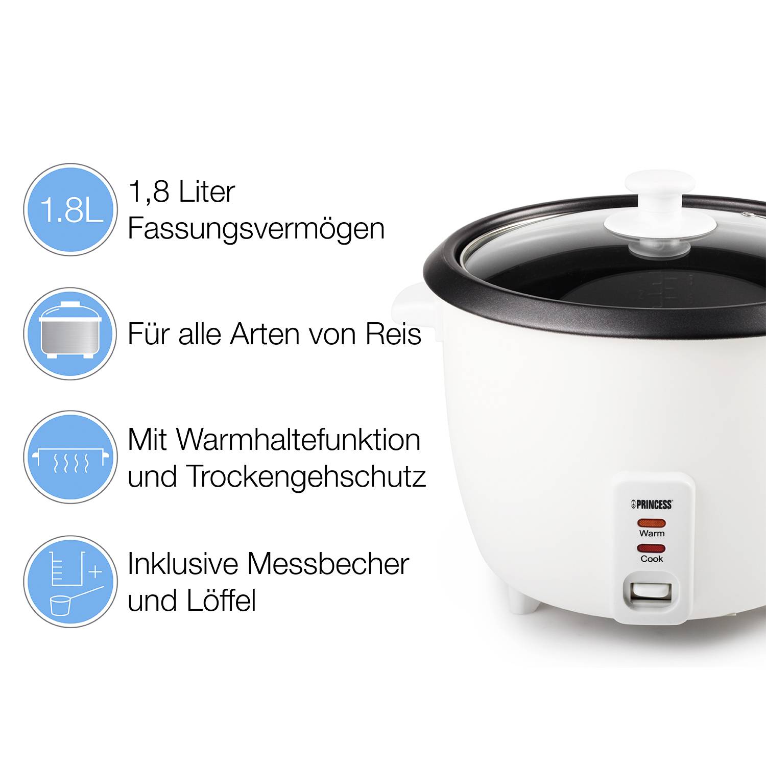 Un cuiseur à riz blanc avec les inscriptions 'WARM' et 'COOK', d'une capacité de 1,8 litre, adapté à tous types de riz, avec fonction maintien au chaud. Comprenant un verre doseur et une cuillère.