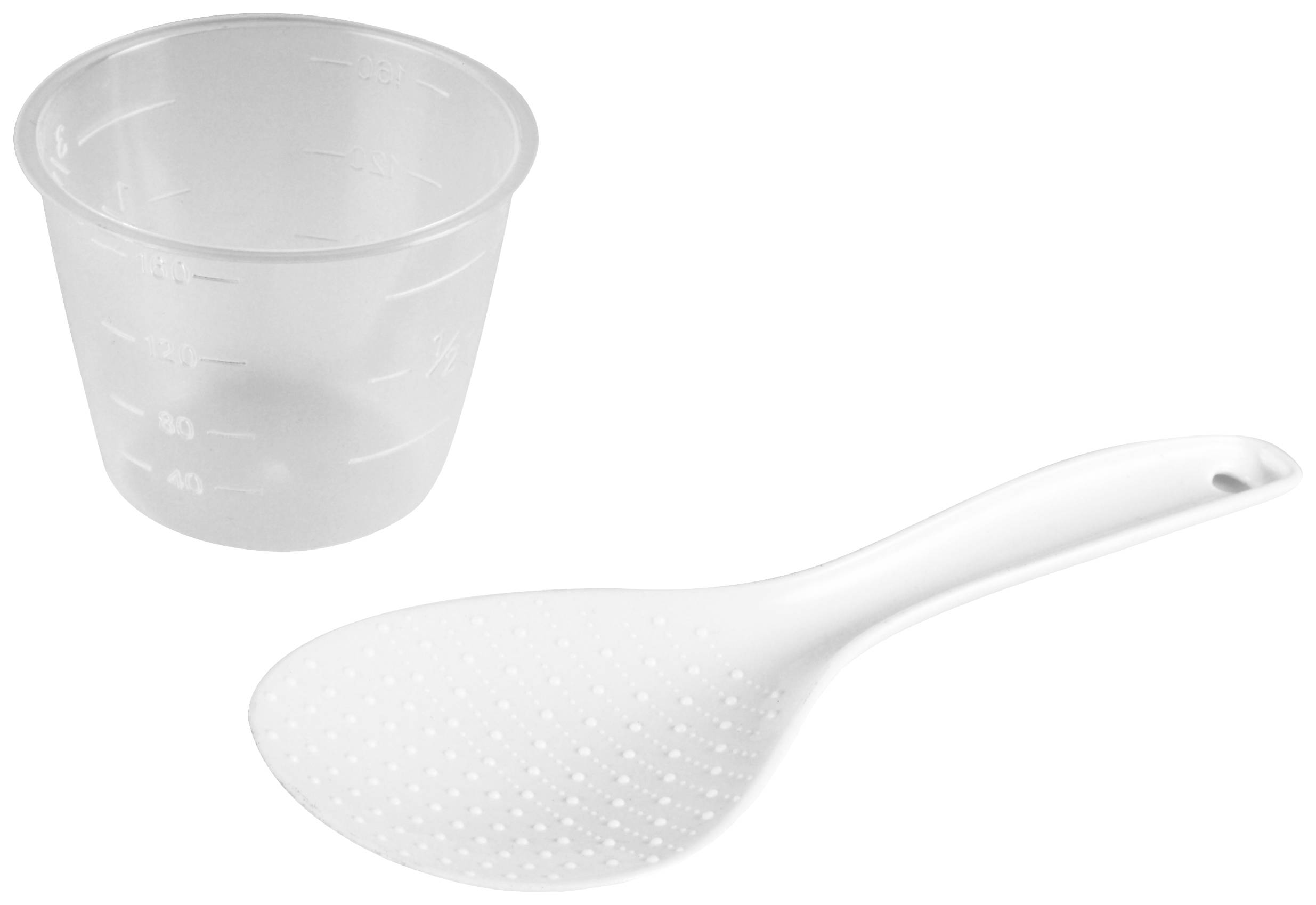 Un gobelet doseur blanc avec graduation à côté d'une cuillère blanche plate. Ce sont tous deux des ustensiles de cuisine.