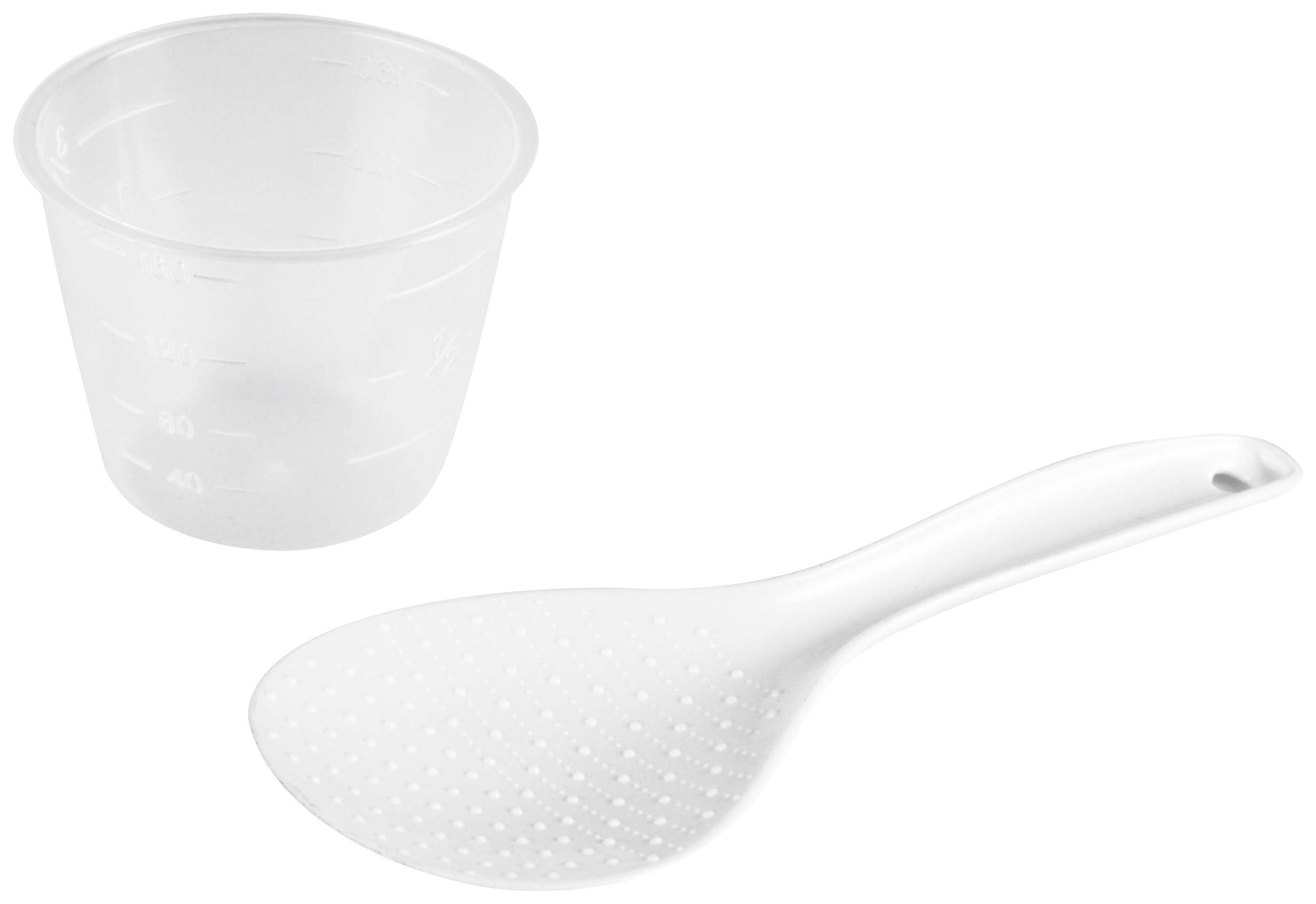 Cuillère à riz en plastique blanc et tasse à mesurer transparente avec graduations.
