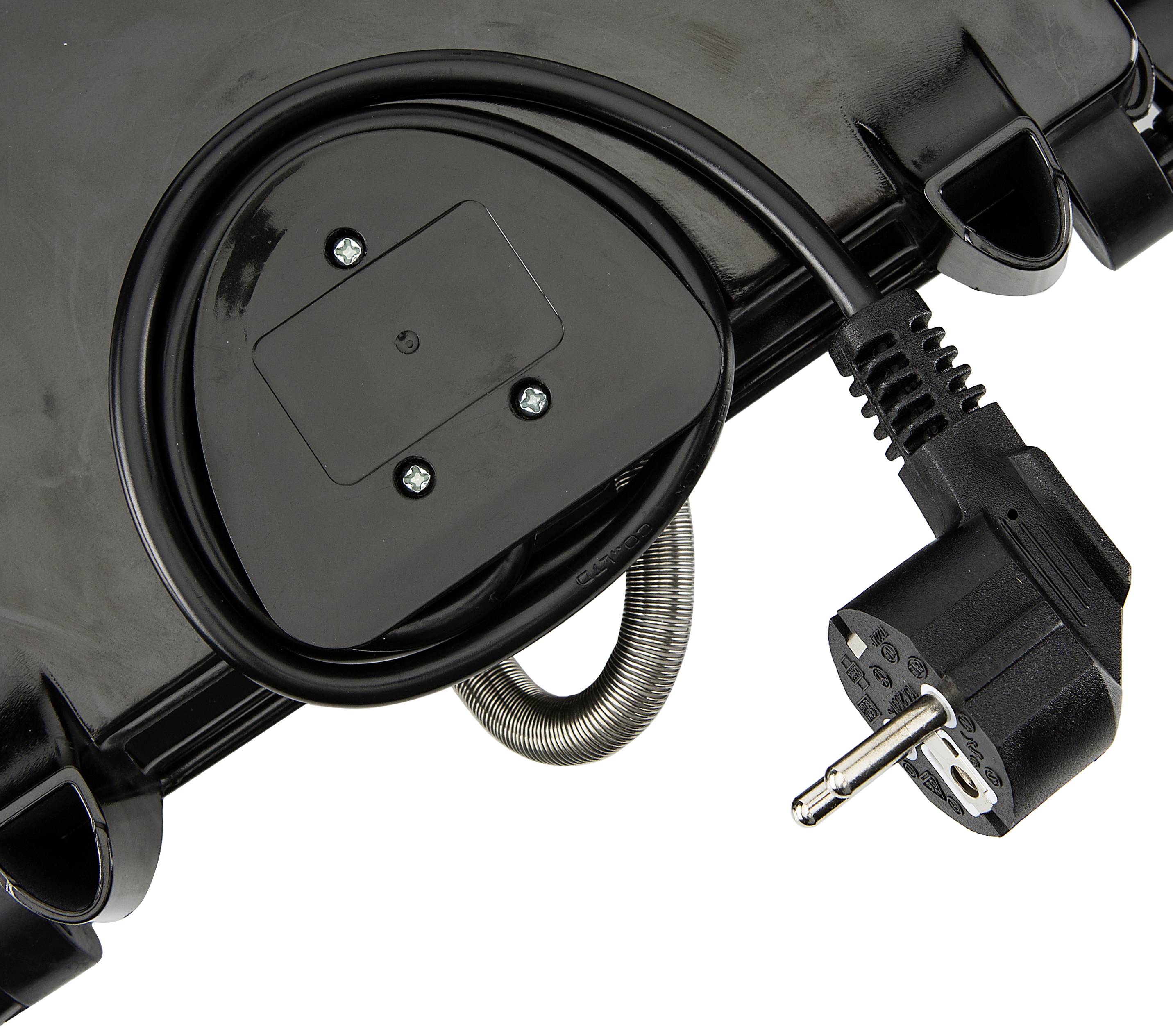 Un appareil électrique noir avec un câble spiralé et une fiche européenne, conçu pour être utilisé dans les prises électriques européennes.