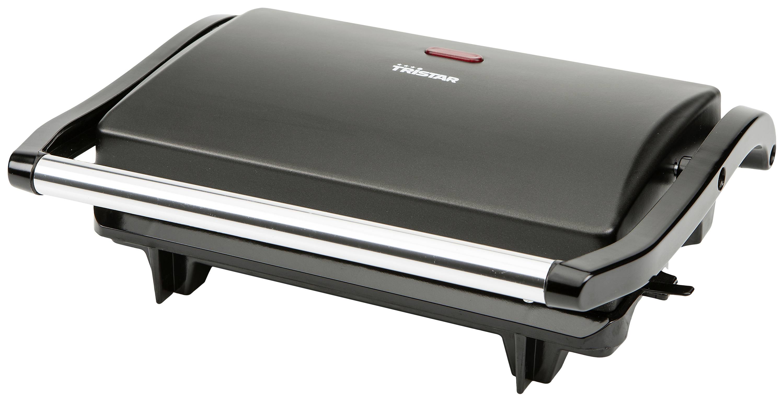 Grill de table noir avec poignées en acier inoxydable et voyant de contrôle rouge sur le couvercle, adapté pour les sandwichs ou les plats de viande.