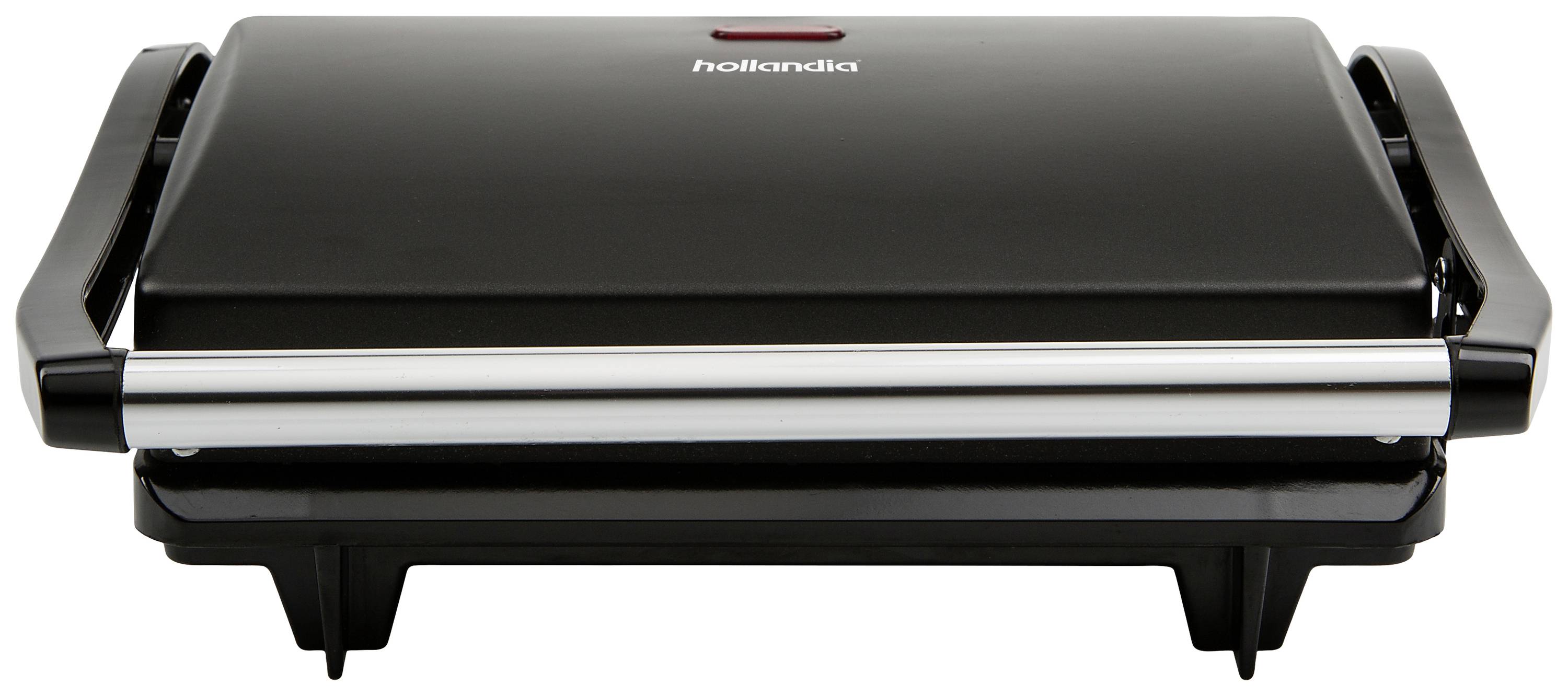 Un grill à sandwich électrique noir avec deux poignées sur les côtés. Un voyant rouge est visible en haut de l'appareil.