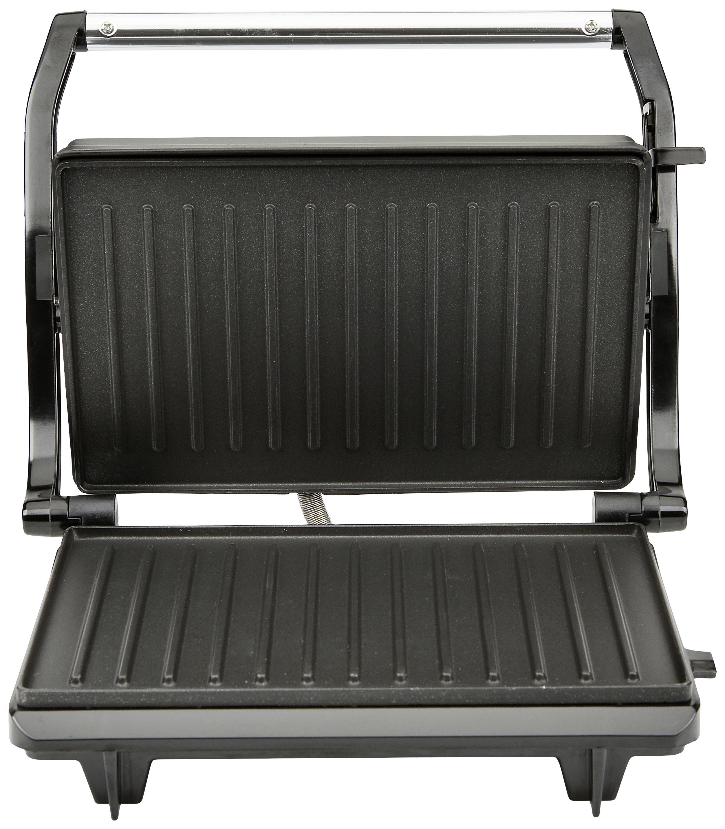 Grill ouvert avec plaques rainurées, adapté pour griller de la viande et des sandwichs, noir, sans nourriture ni accessoires.