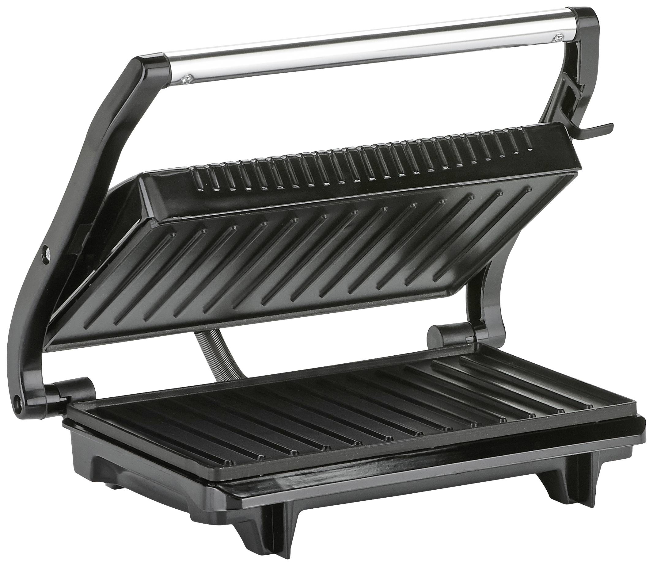 Grill de contact ouvert avec surface de cuisson striée, adapté pour griller des sandwichs ou de la viande.