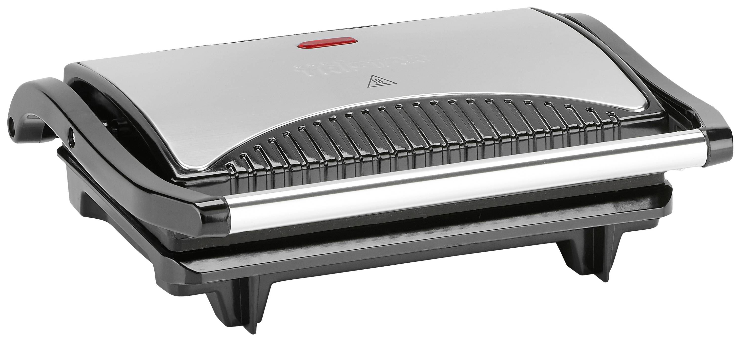 Un grill de contact argenté et noir avec le couvercle fermé. Face supérieure avec un symbole d'avertissement et un voyant rouge. Adapté pour griller.