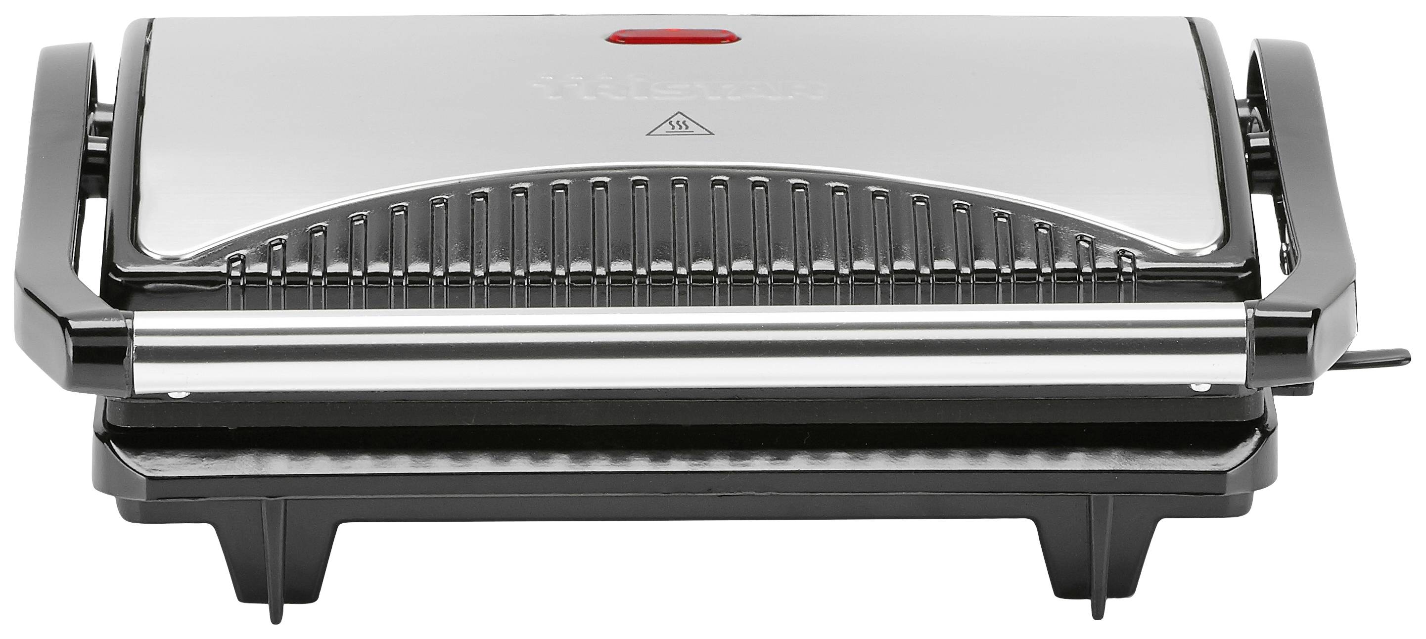 Un grill à sandwich en argent avec un couvercle fermé, des pieds antidérapants et un voyant de fonctionnement rouge en haut, adapté pour les paninis.