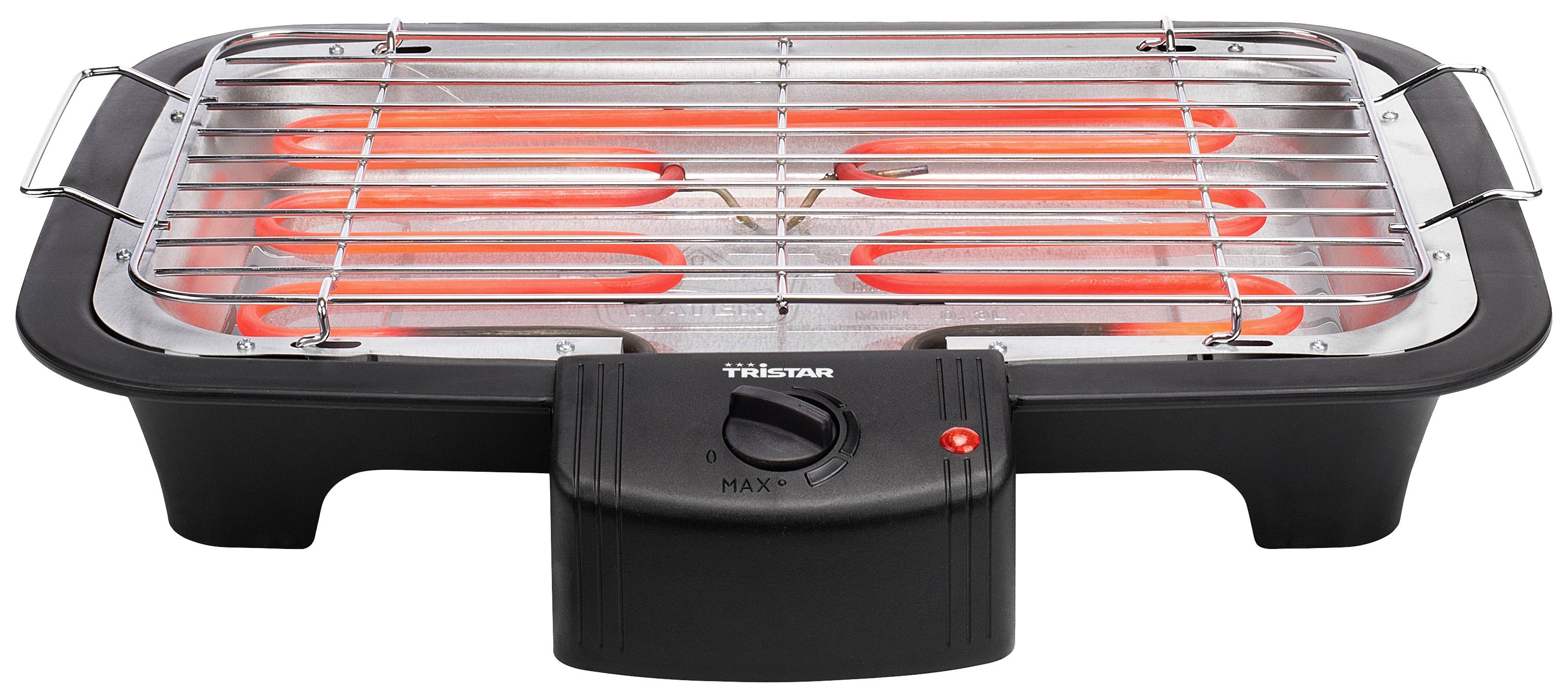 Un grill de table électrique avec des éléments chauffants rouges et une grille en métal, adapté pour griller de petits aliments à l'intérieur ou à l'extérieur.