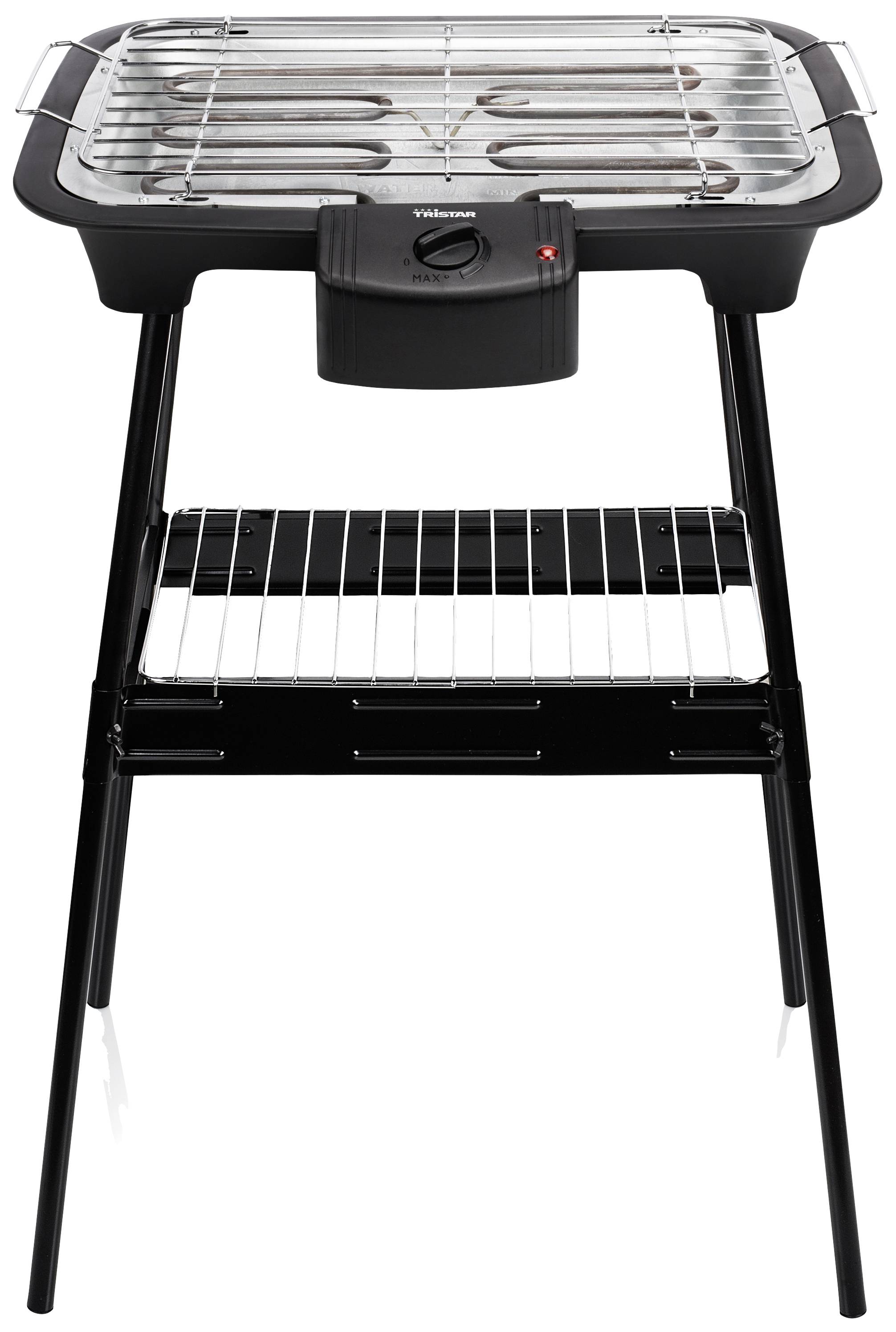 Barbecue électrique avec surface de cuisson surélevée et un espace de rangement en dessous. Sur quatre pieds, autonome et adapté à une utilisation extérieure.