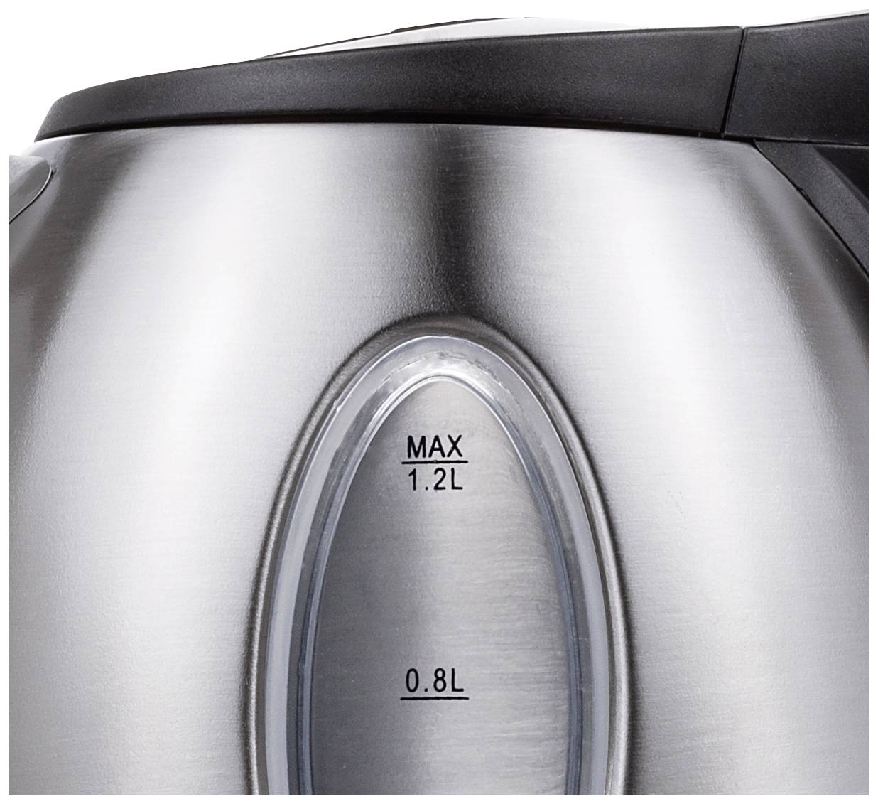 Une bouilloire en acier inoxydable avec un indicateur de niveau d'eau extérieur. Les marquages indiquent un niveau maximal de remplissage à 1,2 litre et 0,8 litre.