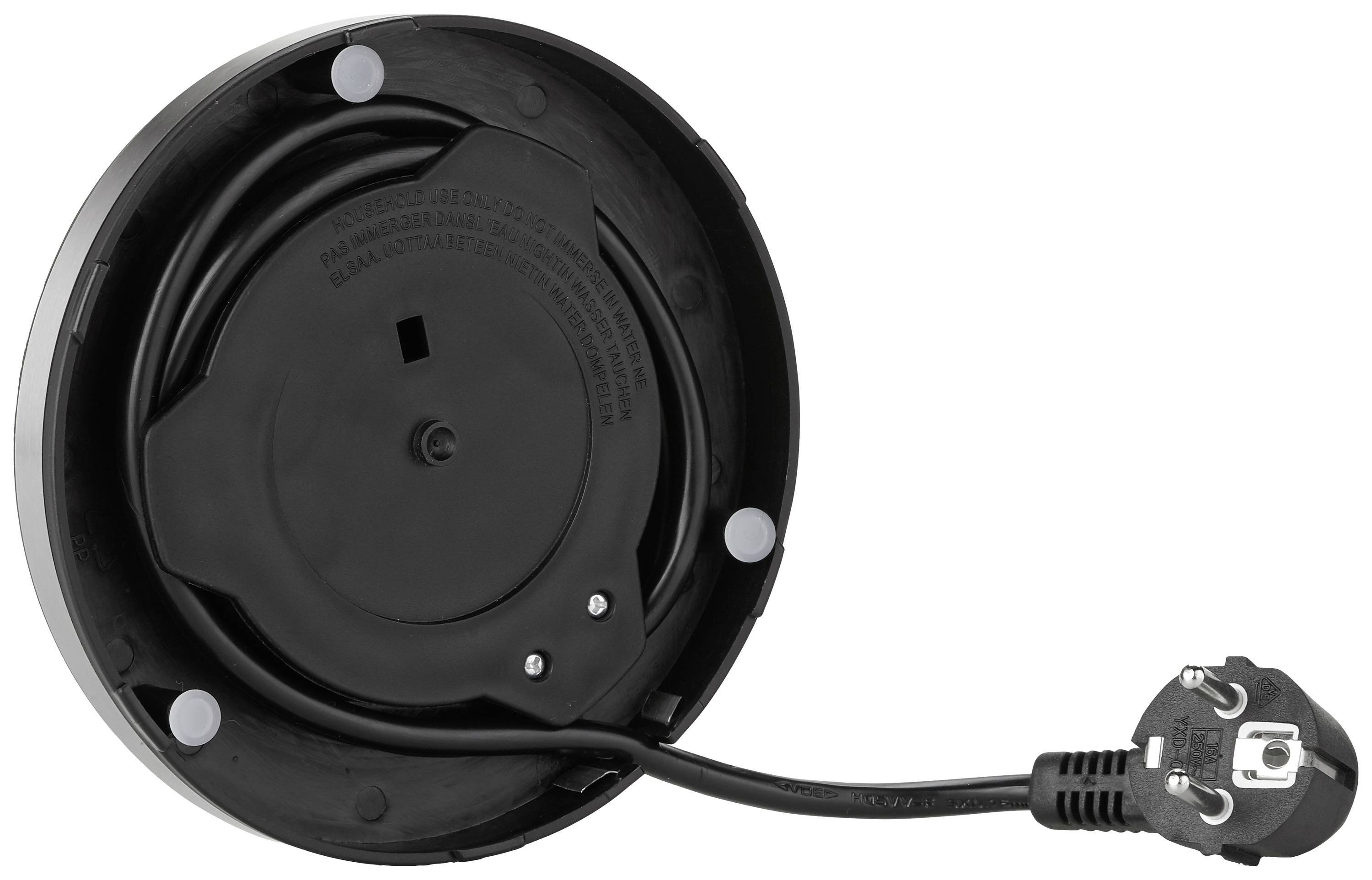 Support électrique avec câble d'alimentation et fiche, adapté pour bouilloire électrique. Le câble est intégré dans un socle rond.