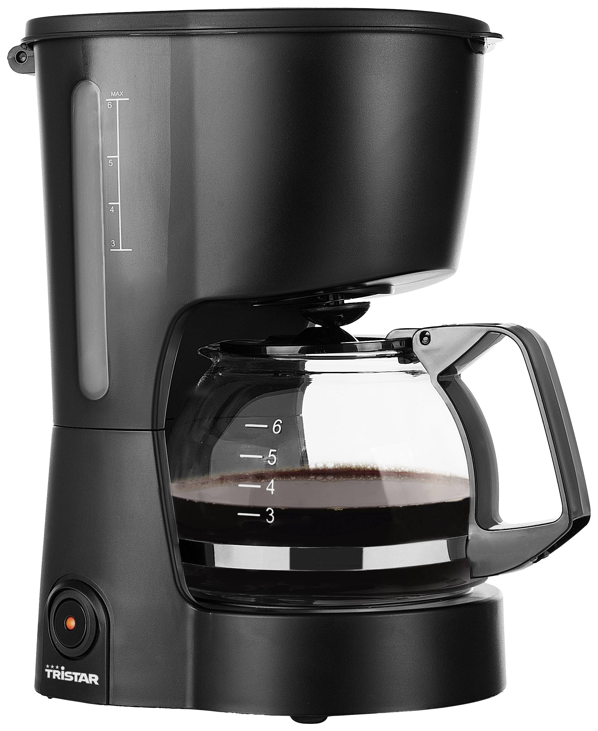 Une machine à café filtre noire avec carafe en verre et indicateur de niveau d'eau, prête à préparer 6 tasses de café.