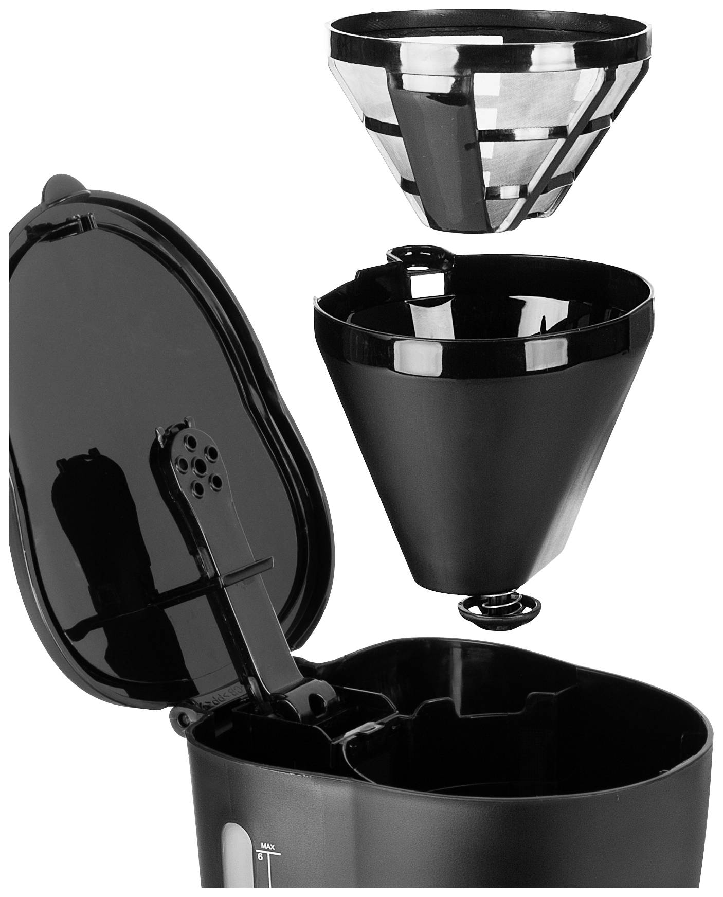 Machine à café avec couvercle retiré, porte-filtre amovible et panier-filtre métallique, le tout en noir.